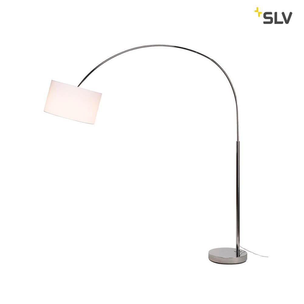 Fenda Bow Basis E27 Bogenlampe Chrom (ohne Schirm) mit elegantem, geschwungenem Arm in Chromfarbe.