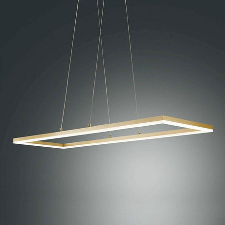 Moderne Bard Pendelleuchte Gold Edelmatt 92 x 32cm mit schlanker Geometrie und stilvollem Licht, schwebend im Raum.