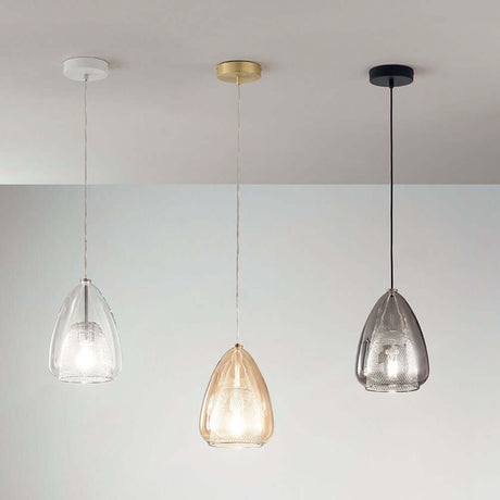 Britton Glas-Pendellampe mit Metall-Gitter in drei modernen Designs mit verschiedenen Farbvarianten.