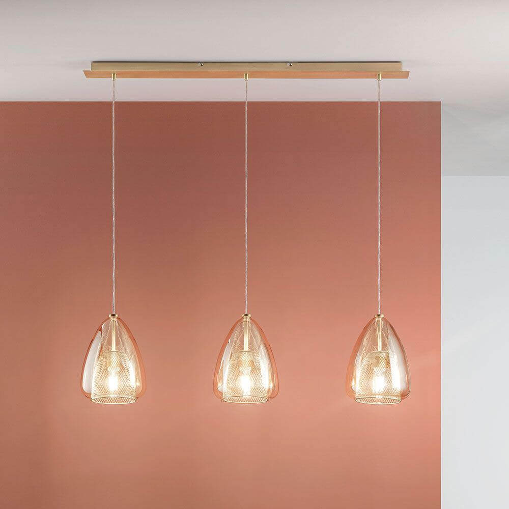 Britton Pendelleuchte 3-Flammig mit attraktivem Glas und verchromtem Gitter-Inlay für stilvolle Raumbeleuchtung.