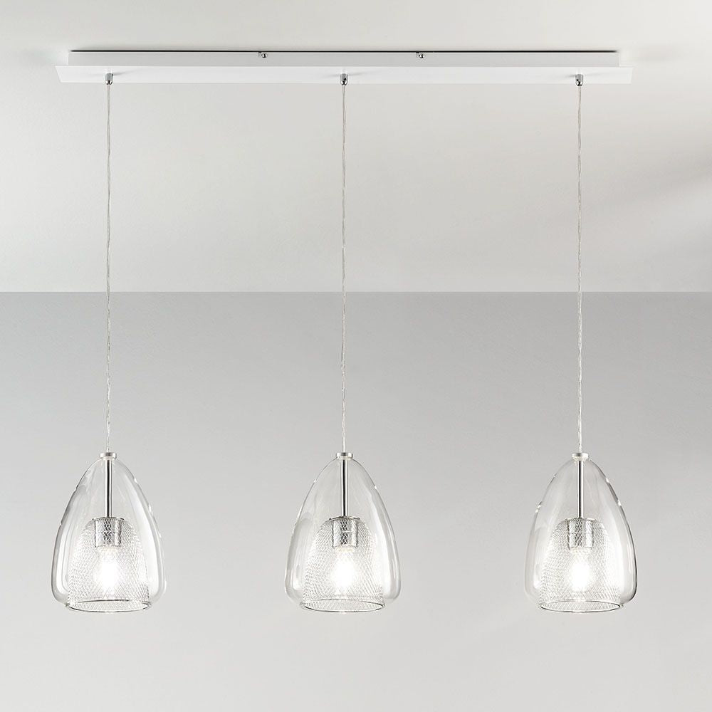 Britton Pendelleuchte 3-Flammig mit stylishen Glas-Teilen und verchromtem Gitter-Inlay für modernes Lichtdesign.