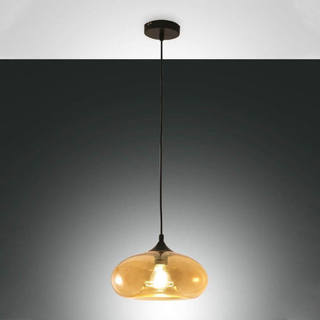 Ela glass pendant light in amber with mouth-blown glass, ideal for living and dining rooms.