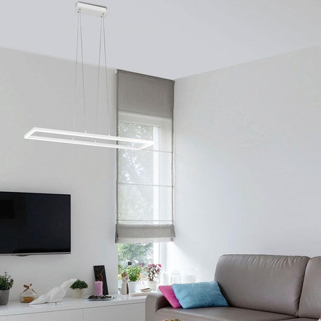 LED Pendellampe Bard 4000K Weiß im Wohnzimmer über einem Sofa mit moderner Einrichtung.