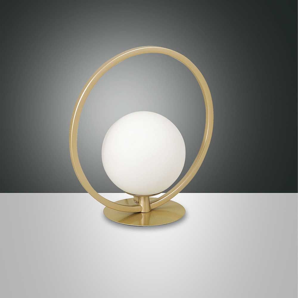 Moderne LED Tischlampe Sirio Rund mit goldfarbener Basis und weißen Glasschirm, perfekt für stilvolle Wohnräume.