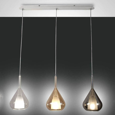 Lila Pendelleuchte aus Metall mit drei hängenden Glaskörpern in modernem Design.