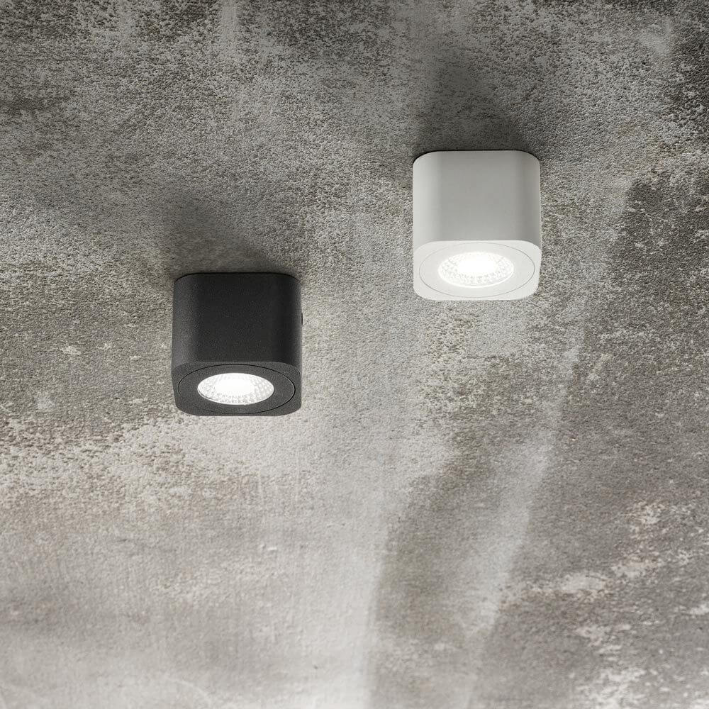 Palmi Spot Anthrazit und Weiß an einer Wand montiert, minimalistische Form, moderne LED-Technologie.