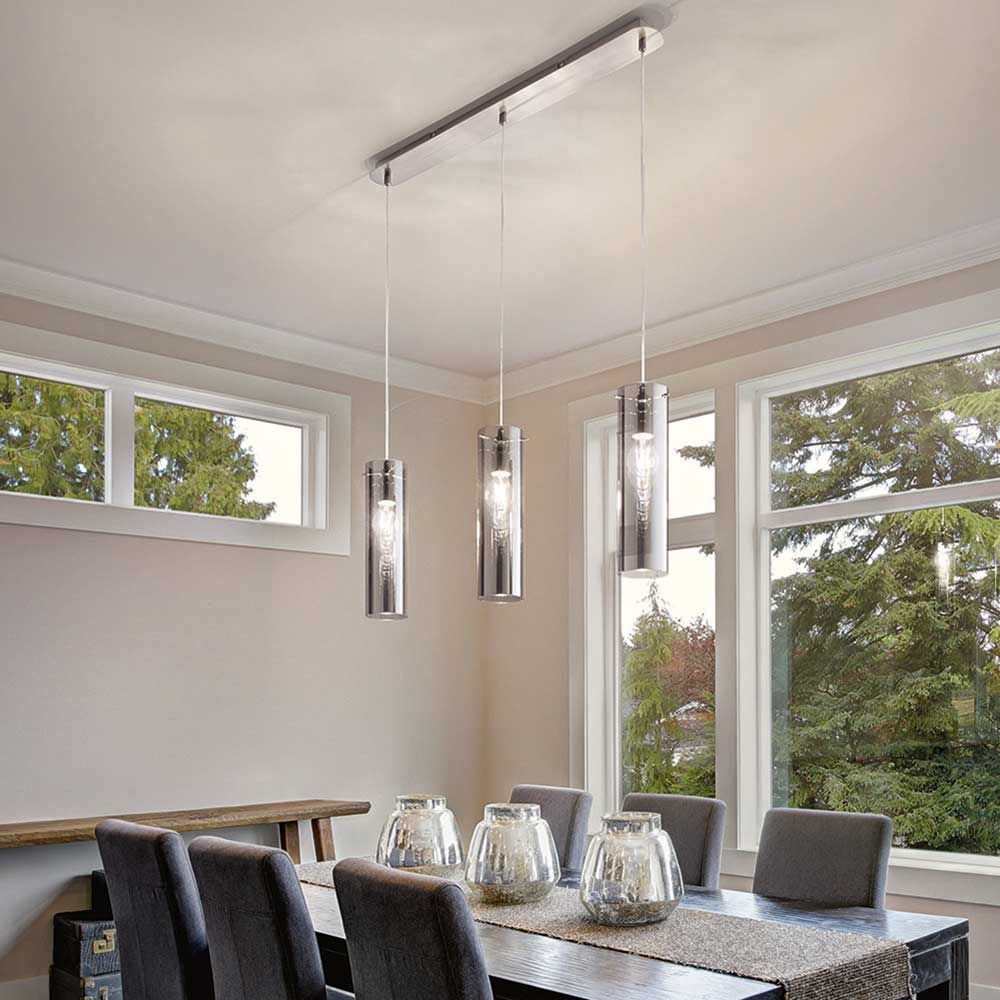 Pendelleuchte Sintesi 3-flammig in modernem Design, ideal für Esszimmer mit stilvollen Glühbirnen.