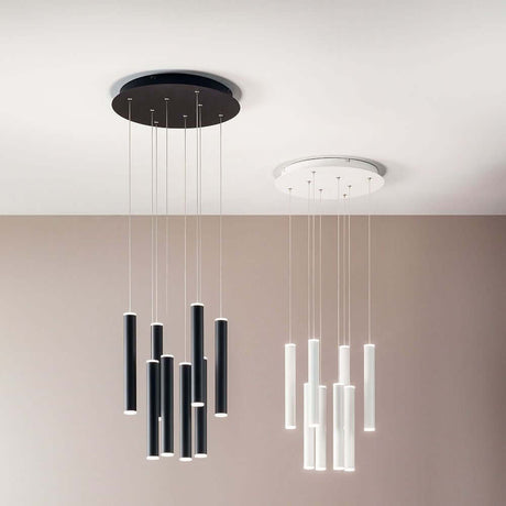 Prado LED Pendellampe 8-flg. Aufhängung in Schwarz und Weiß mit Röhrenstil und dimmbarer Funktion.
