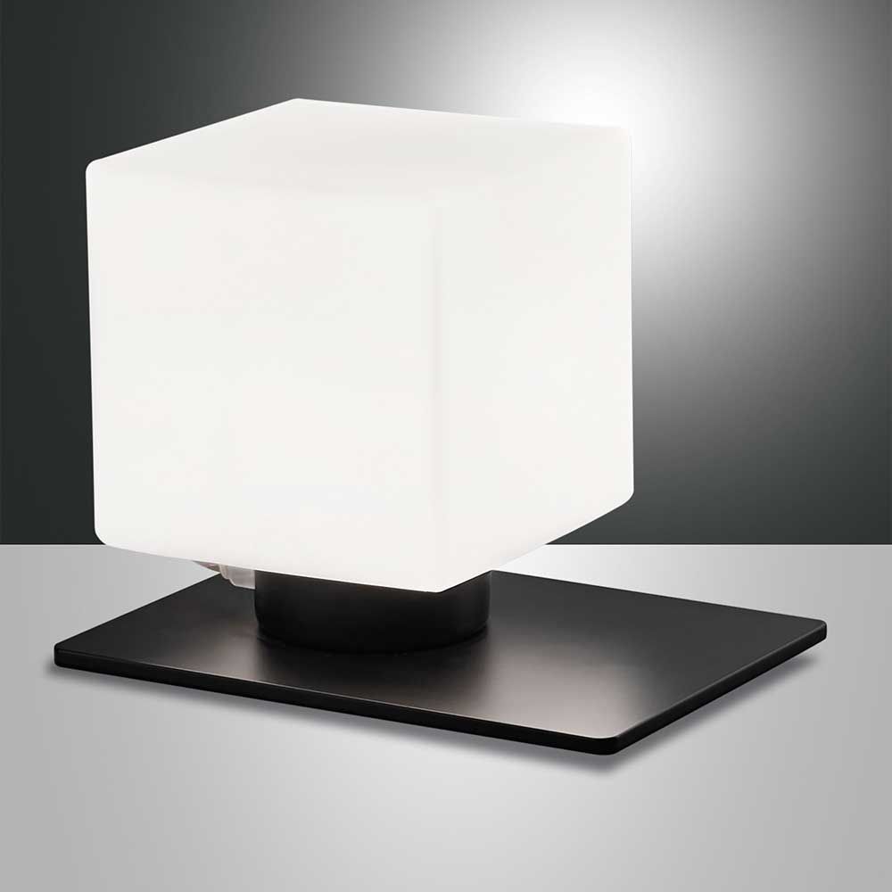 Tischlicht Zara 3000K, moderne quadratische Lampe mit schwarzem Sockel und milchigem Lampenschirm, stilvolle Beleuchtung.