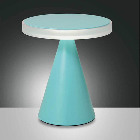moderne LED-bordlampe Neutra i stilfullt design med en rund lysflate og konisk, turkisfarget base.