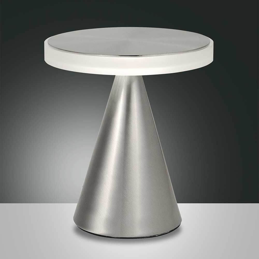 moderne LED Tischleuchte Neutra in silbernem Design mit rundem Tischchen