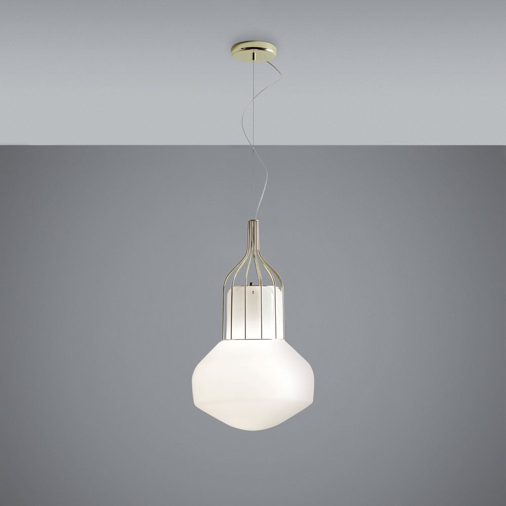 Fabbian Aérostat Pendelleuchte Ø 33cm mit elegantem Metallrahmen in Gold und weißem Lampenschirm.