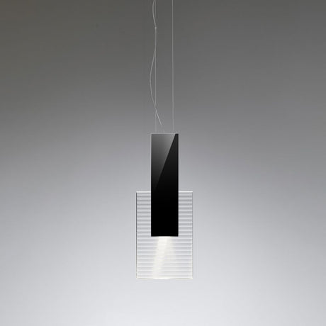Fabbian Amulette LED pendant light with ribbed glass and galvanized metal frame in black.
