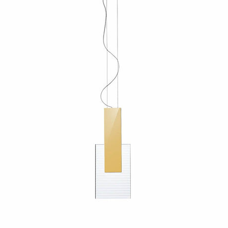 Fabbian Amulette LED pendant light with diffuser made of ribbed glass and glossy gold frame.