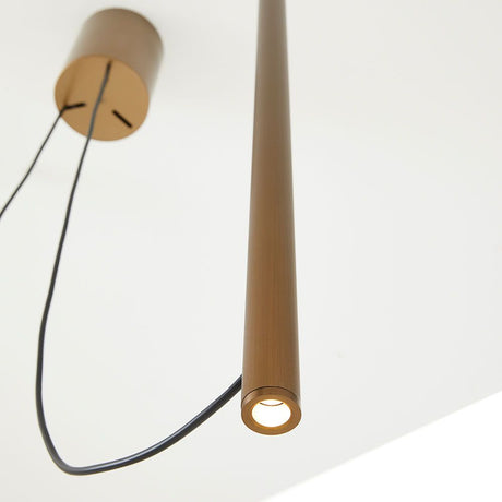 Fabbian Ari LED 2-light pendant light in brown aluminium with black cable, suspended from the ceiling.
