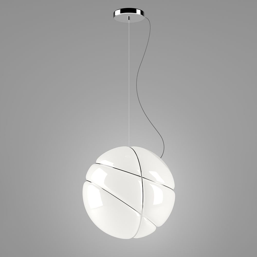 Fabbian Armilla Pendelleuchte Baldachin chrom mit glänzend weißem Glas und polierten Metallringen.