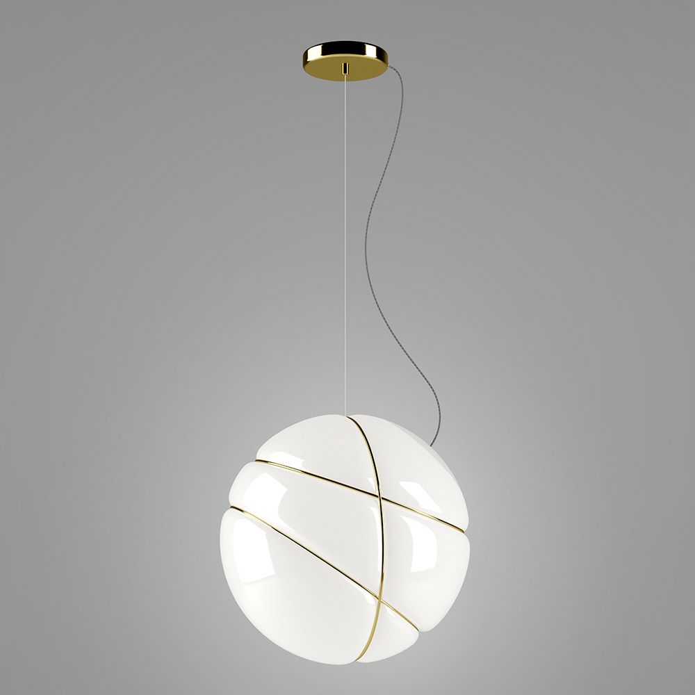 Fabbian Armilla Pendelleuchte Baldachin gold mit glänzendem weißen Glas und polierten, vergoldeten Ringen.