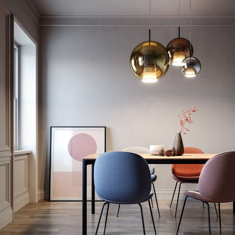 Elegant interior design with Fabbian Beluga Royal LED pendant light Ø40cm and modern dining room furniture.