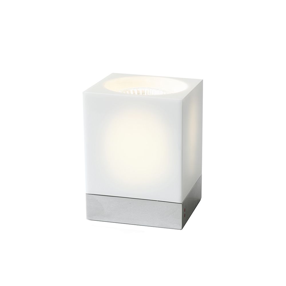 Fabbian Cubetto Tischleuchte GU10 mit elegantem, weißem Diffusor und stilvollem Stahlfuß.