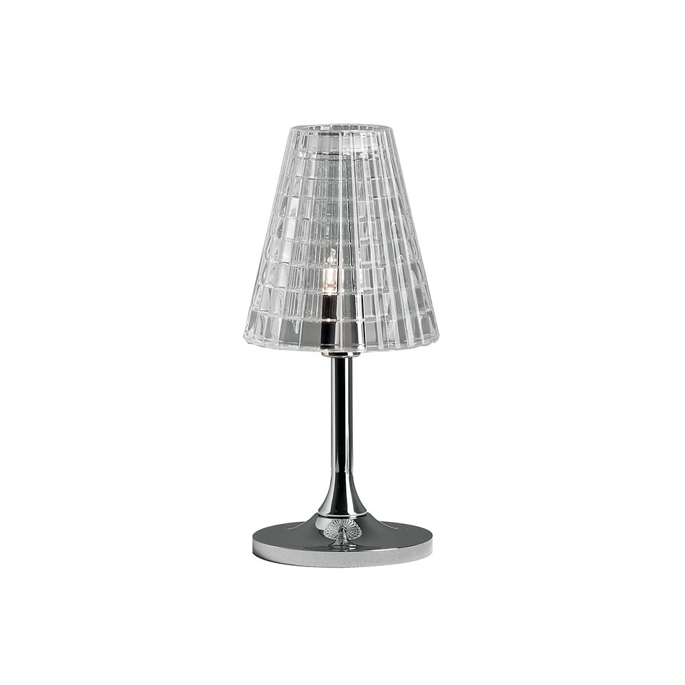 Fabbian Flow Tischleuchte aus transparentem Glas mit Chromfuß für warmes Licht im Wohnzimmer oder Schlafzimmer.
