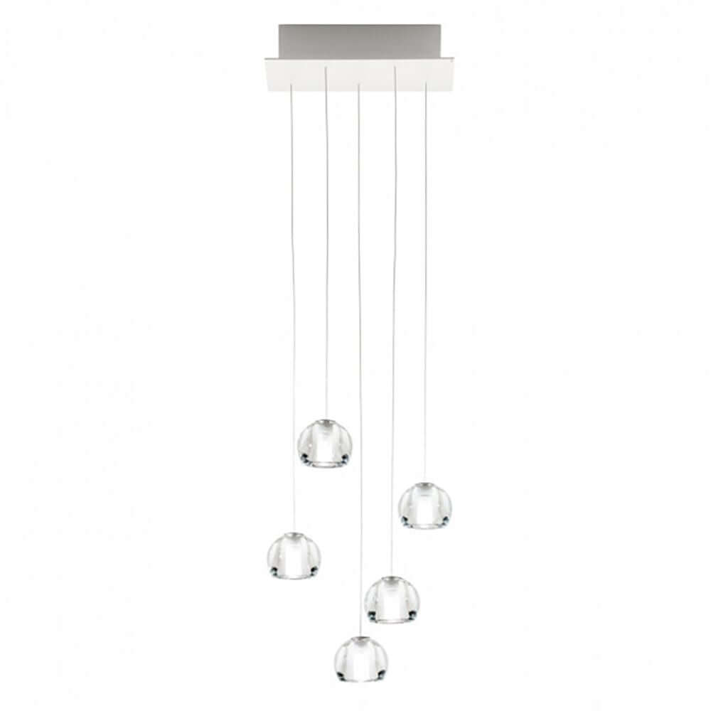Fabbian Multispot LED-Hängeleuchte Beluga 5-flammig eckig mit fünf Pendelleuchten in klaren Kuppeln.