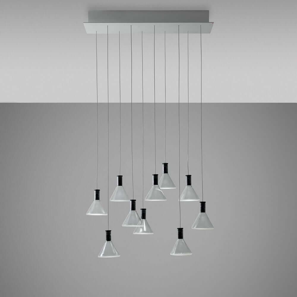Fabbian Multispot LED-Hängeleuchte Polair 10-flammig eckig mit sandgestrahlten Glasdiffusoren.
