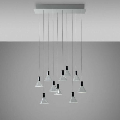 Fabbian Multispot LED-Hängeleuchte Polair 10-flammig eckig mit sandgestrahlten Glasdiffusoren.