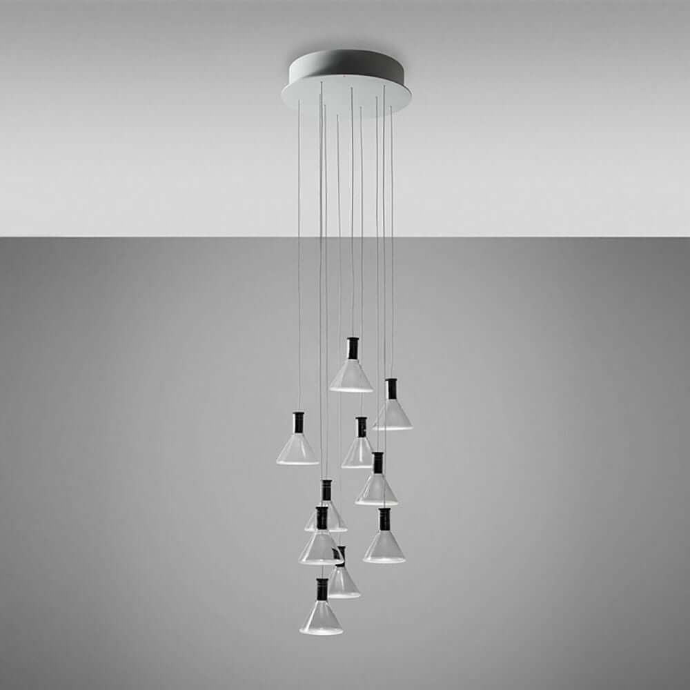 Fabbian Multispot LED-Hängeleuchte Polair 10-flammig rund mit transparenten Glasdiffusoren.
