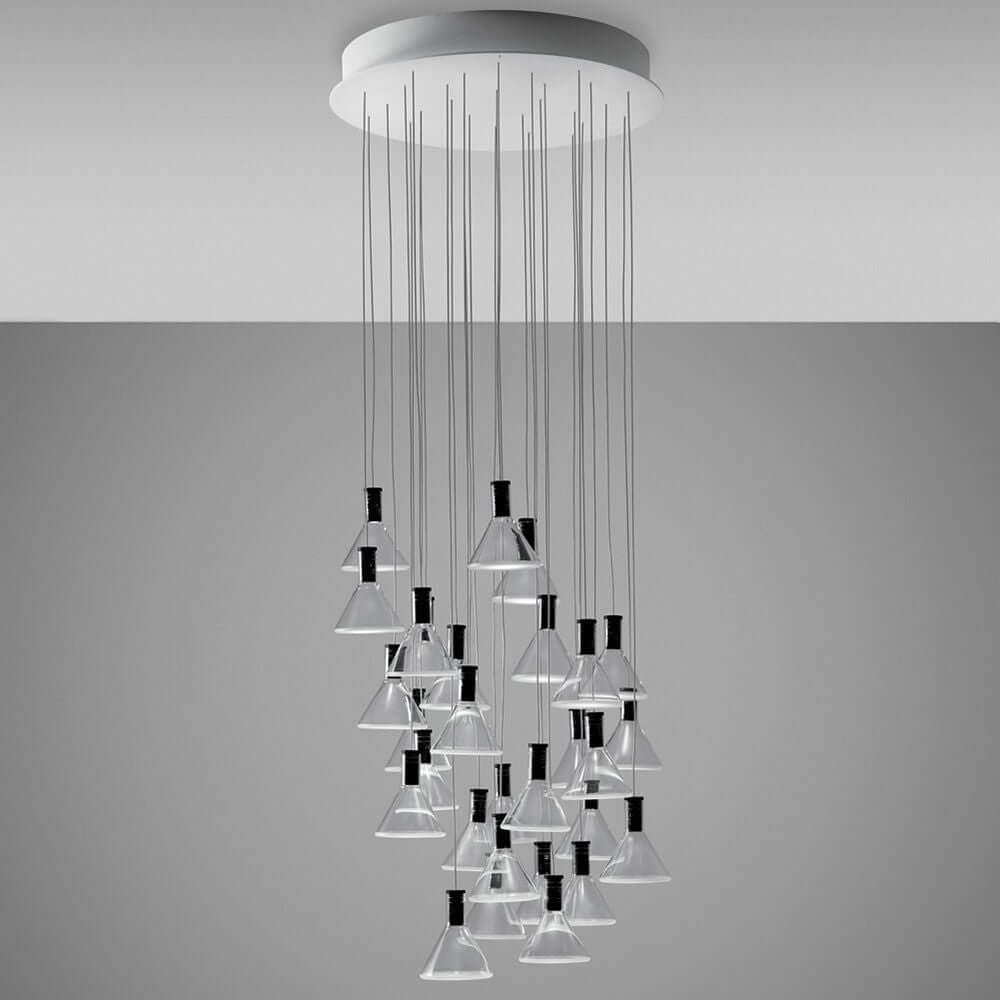 Fabbian Multispot LED-Hängeleuchte Polair 30-flammig rund mit transparenten Glasdiffusoren.