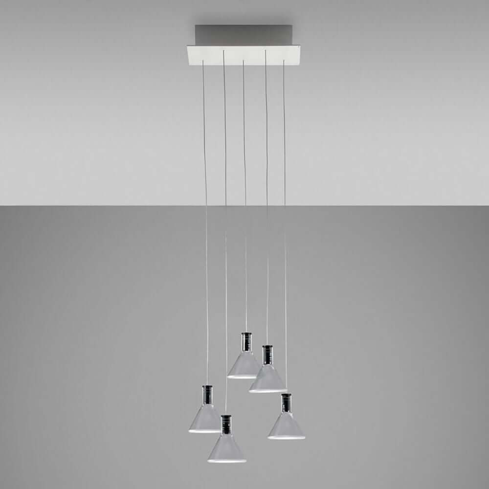 Fabbian Multispot LED-Hängeleuchte Polair 5-flammig eckig mit transparenten Glasdiffusoren.