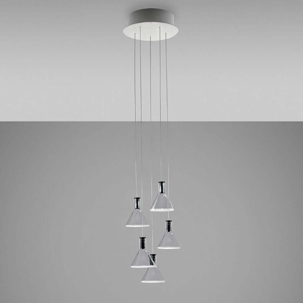 Fabbian Multispot LED-Hängeleuchte Polair 5-flammig rund mit transparenten Glasdiffusoren.