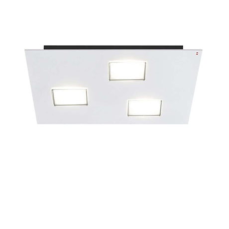 Fabbian Quarter LED-plafonnier carré à 3 lampes avec surface métallique blanche et trois luminaires LED.