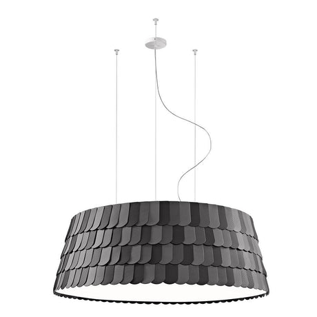 Fabbian Roofer Hängelampe Palf Large in schwarzer, zylindrischer Form mit schuppenförmigem Lampenschirm.