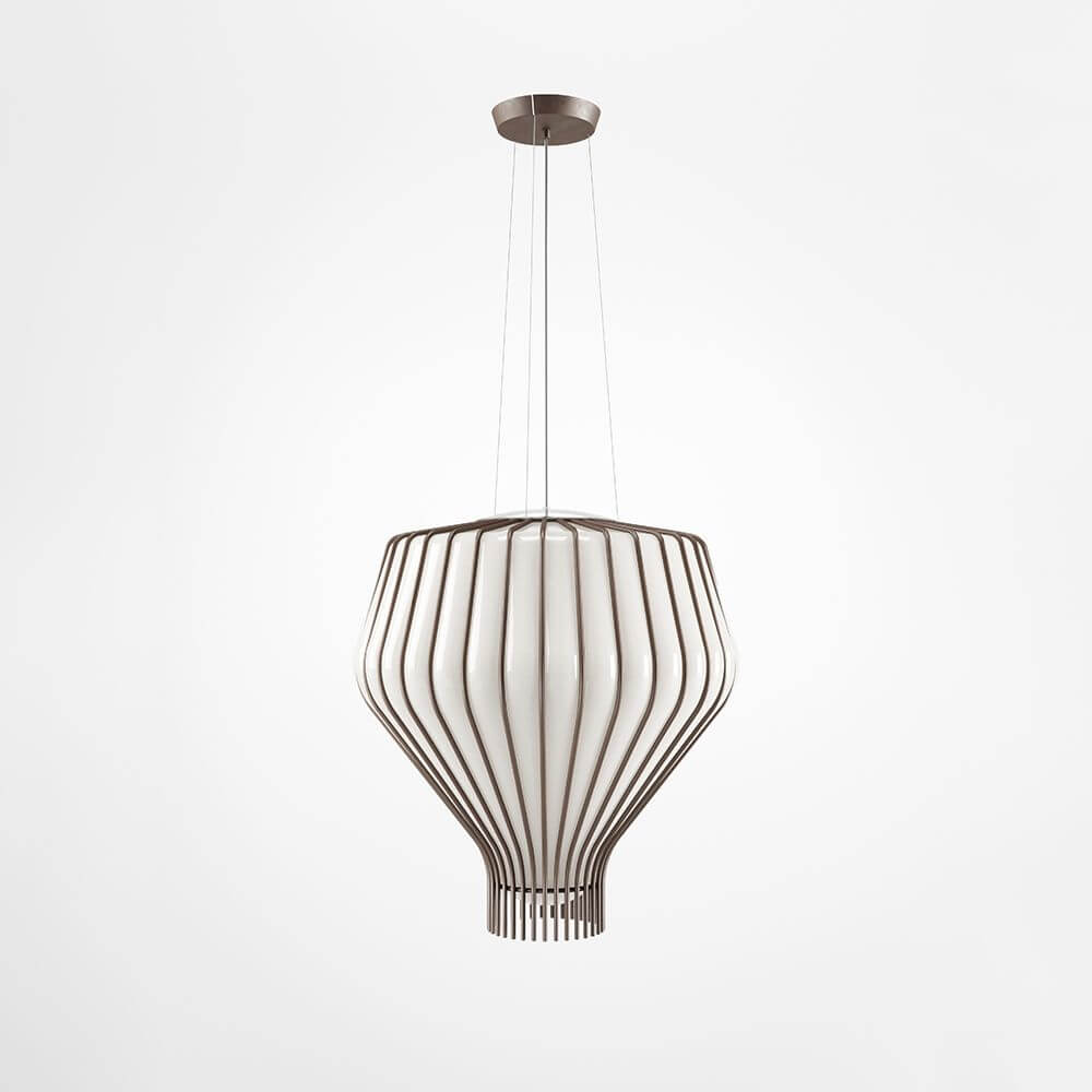 Fabbian Saya Pendellampe Medium aus weißem und transparentem Glas in brüniertem Metallkäfig.