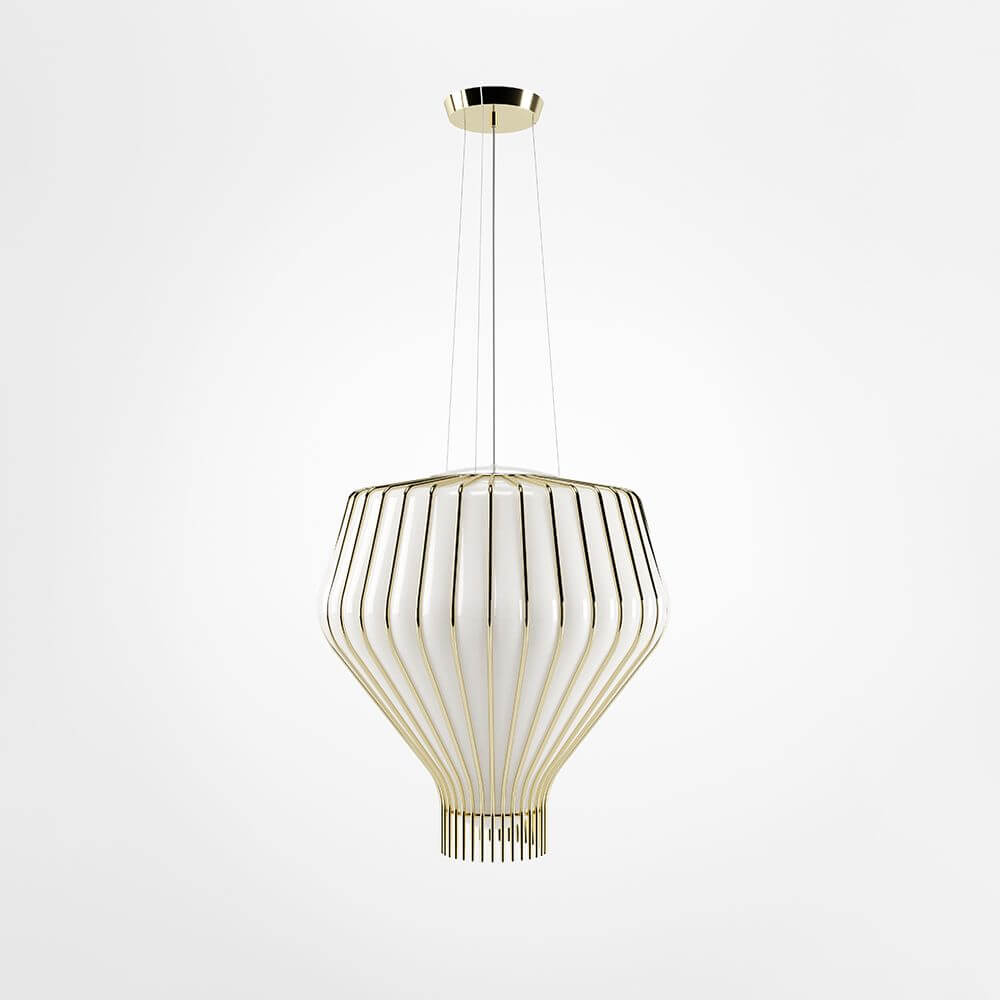 Fabbian Saya Pendellampe Medium in gold und transparenten Glas mit Metallkäfig.
