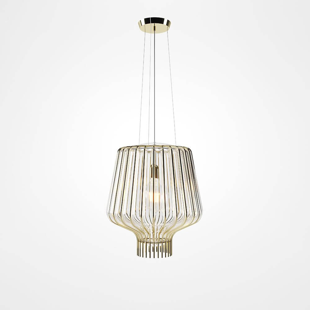 Fabbian Saya Pendellampe Small in hellem Glas und goldenem Metallkäfig.