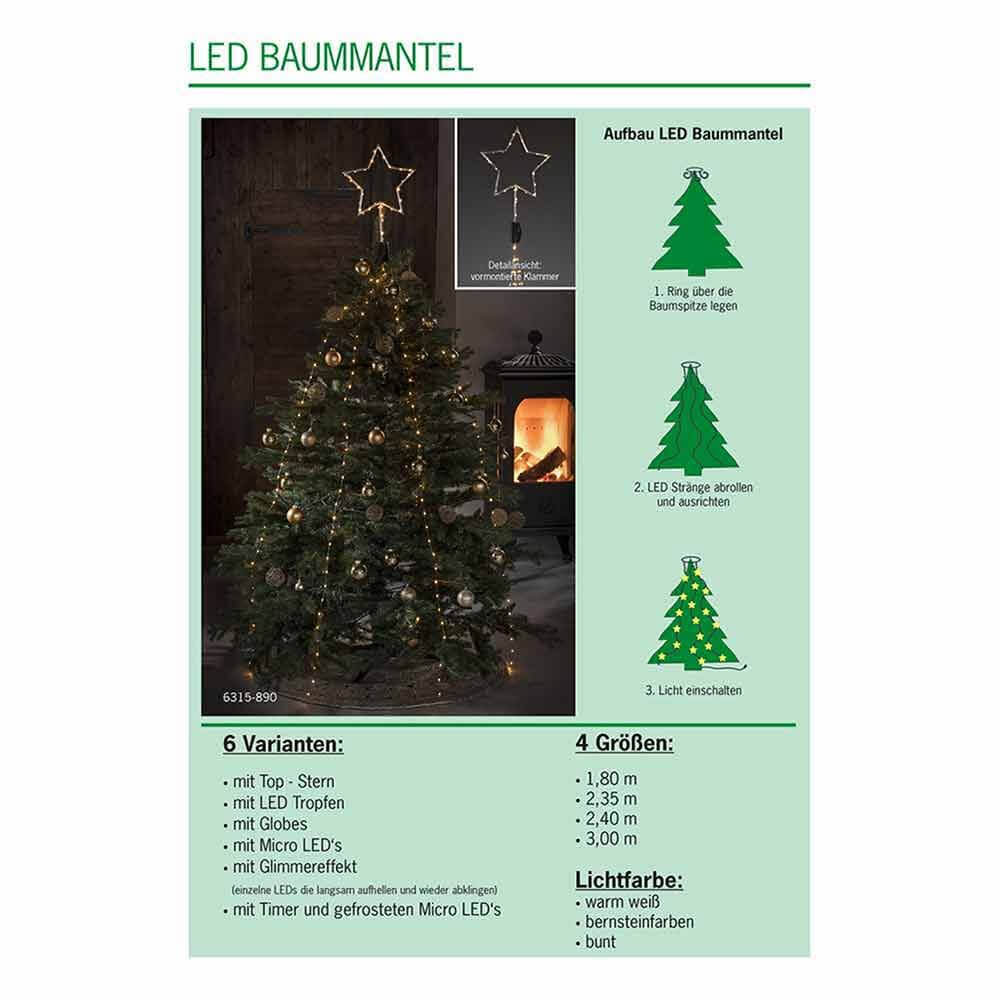 Feierlicher LED Baummantel mit Befestigungsring IP20, dekoriert an einem Weihnachtsbaum mit Sternen und Lichtern.