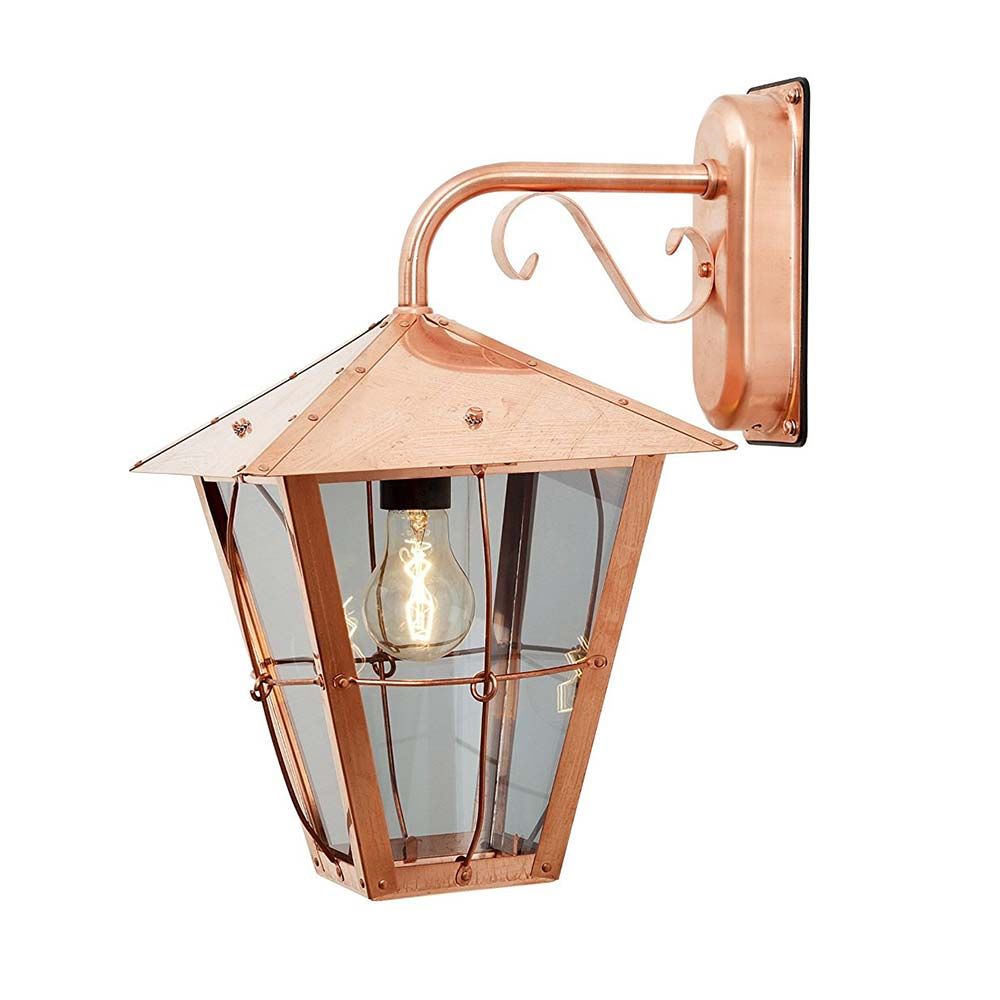 Außenwandleuchte Fenix in Kupfer mit rauchfarbenen Acrylglas, elegante Wandlampe im rustikalen Stil.