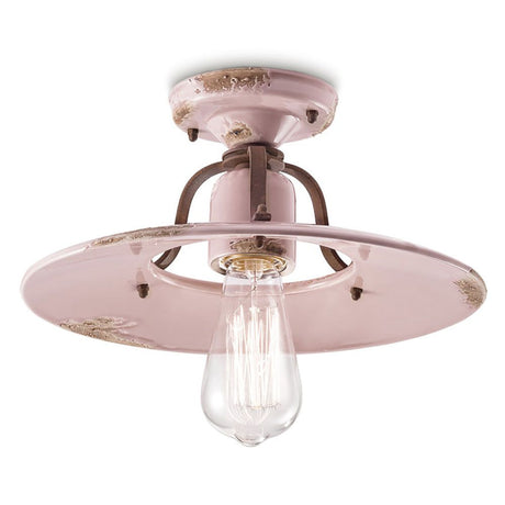 Ferroluce Country Deckenleuchte aus Keramik Ø 30cm in zartem Pink mit vintage Design und Glühbirne.