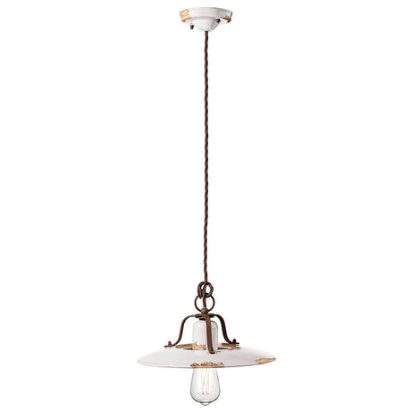 Ferroluce Country Keramik-Hängeleuchte Ø 30cm mit klassischer Form in Weiß und braunem Kabel.