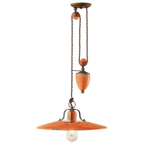Ferroluce Country Rise and Fall Hängeleuchte Ø 40cm in Orange mit Seilzug-Funktion für Vintage-Ästhetik.