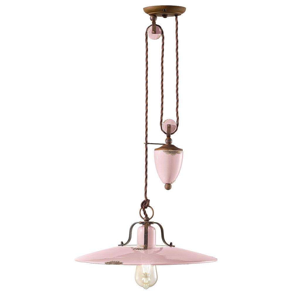 Ferroluce Country Rise and Fall Hängeleuchte Ø 40cm in Pink mit Seilzug-Funktion für stilvolle Innenräume.