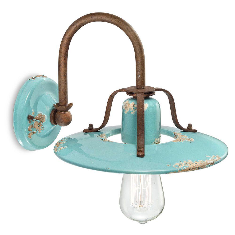Retro-Wandleuchte Country von Ferroluce in Türkis mit rustikalem Design für stilvolle Wohnräume.