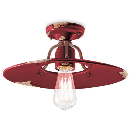 Ferroluce Deckenleuchte Country Ø 40cm in rot mit vintage Design und sichtbarem Glühbirnenlicht.