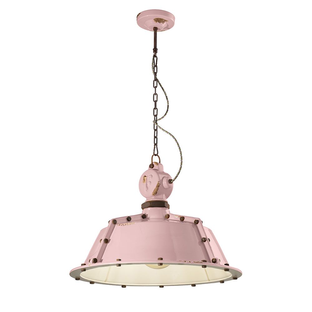 Ferroluce Hängeleuchte Industrial in Rosa mit Metall- und Keramikelementen, handgearbeitet für höchste Qualität.