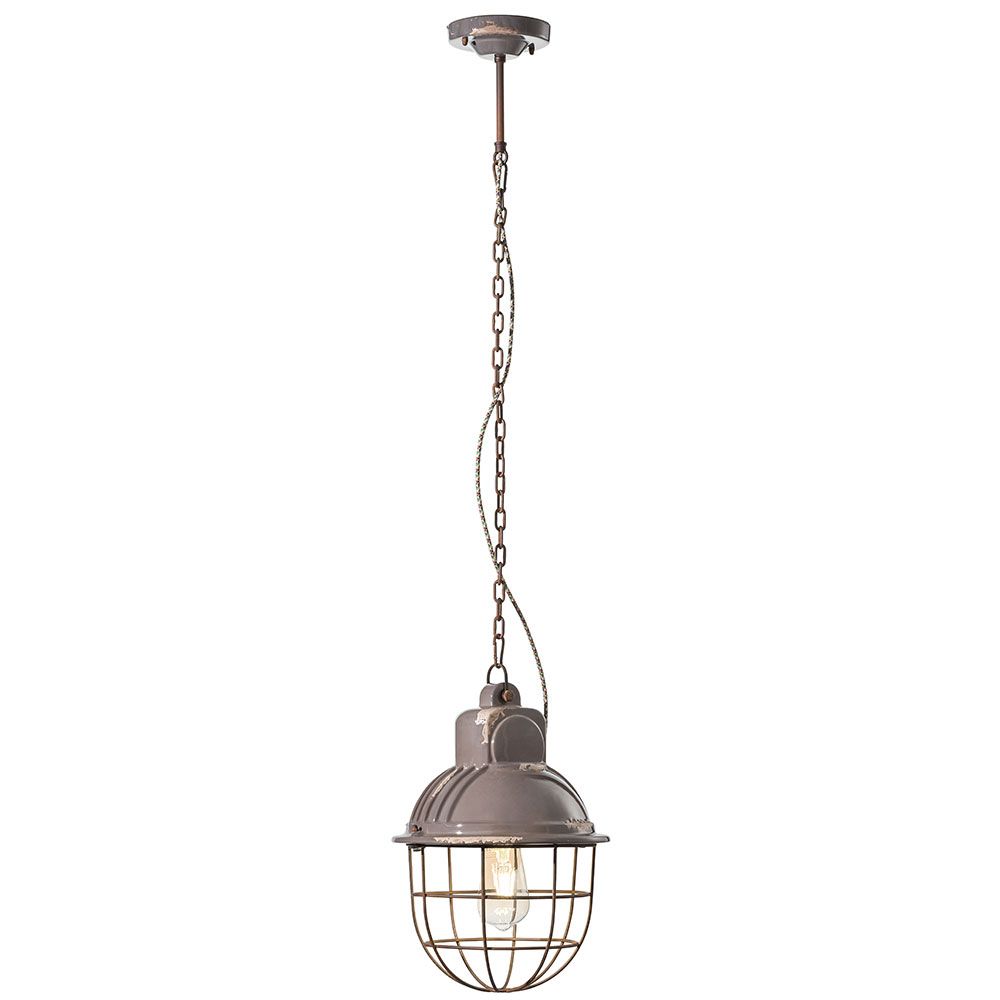 Ferroluce Hängeleuchte Industrial aus Keramik mit Metall-Gitter und einer eleganten Lichtstreuung.