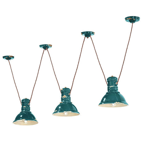 Ferroluce Industrial Deckenleuchte aus Keramik mit drei hängenden Lampen in rustikalem Design