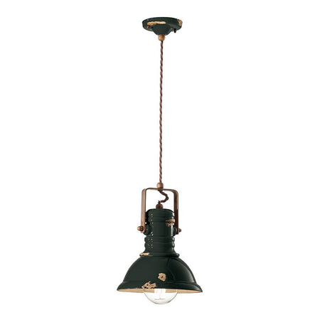 Ferroluce Industriel keramik hængelampe Ø 23cm i grøn med vintage design og håndlavet keramik.