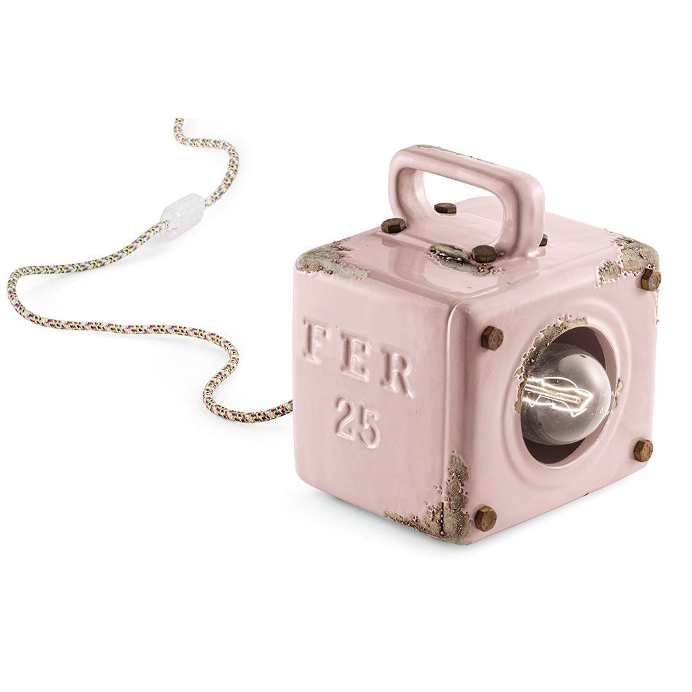Ferroluce Industrial Retro-Tischleuchte mit Schalter in rosa Keramikoptik und Textilkabel.