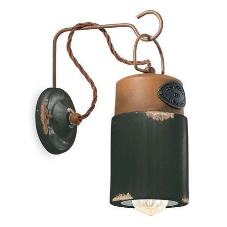 Ferroluce Industrial Wandlampe in grünem Keramikkörper mit rustikalem Metall-Schild und edlem Design.